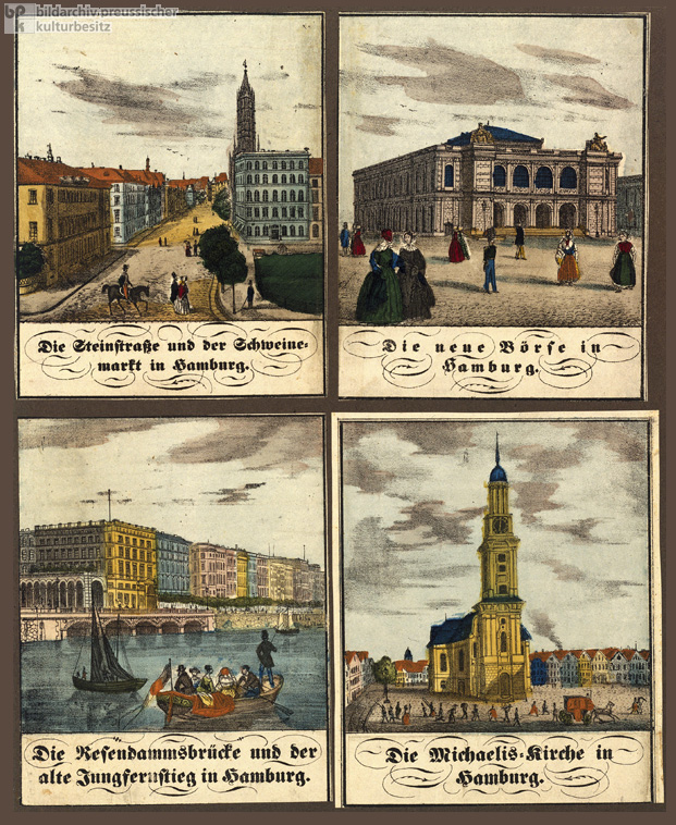 Hamburg – Ansichten des Schweinemarktes, der Neuen Börse, des Jungfernstiegs und der Michaelis-Kirche (Ende der 1840er Jahre)